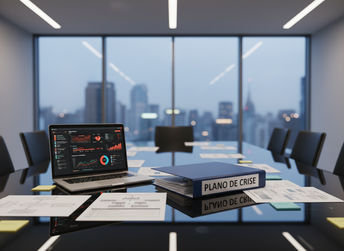 A large, dark glass conference table covered with neatly arranged crisis management materials: a thick navy-blue binder labeled “Plano de Crise”, a silver laptop showing a dashboard of risk indicators, printed flowcharts, and color-coded sticky notes. The table sits in a sleek, minimalist boardroom with floor-to-ceiling windows revealing a softly blurred city skyline at dusk. Cool, diffused evening light mixes with subtle recessed ceiling lights, creating gentle reflections on the glass surface. Photographic realism with a professional, corporate mood, shot at eye level with a shallow depth of field, focusing sharply on the binder and laptop while the background remains softly out of focus, conveying structured, strategic control in times of uncertainty.